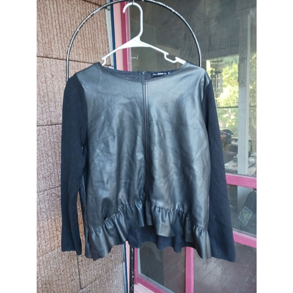 Zara Knit Vegan Leather Front Black Top Size Medium